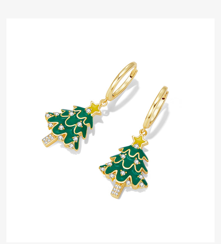Women's Green Christmas Tree Earrings for Autumn and Winter