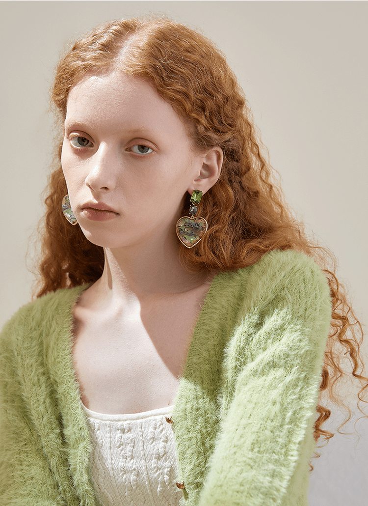 Green Love Oil Painting Earrings: 925 Silver Needle Women's Ear Jewelry