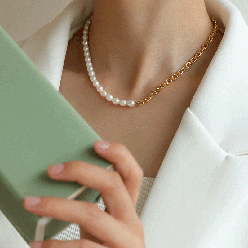 Elegant Chain Panel Necklace with Natural Real Pearls