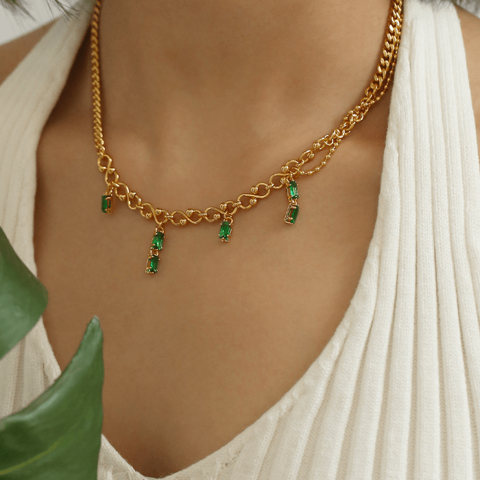 Emerald-Zircon Inlaid Layered Necklace - Sparkling Green Gemstone Pendant, Multi-Layered Design