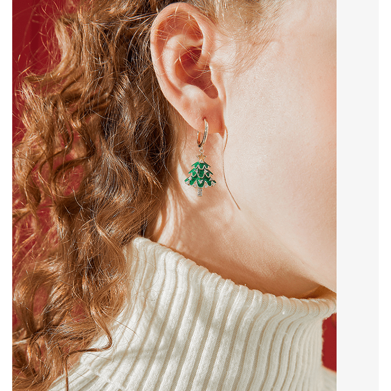 Women's Green Christmas Tree Earrings for Autumn and Winter